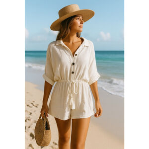 Palms Away Linen Shorts Romper Large White Buttons Ruffled Tassels Beach Boho